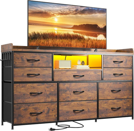 Dresser TV Stand with 11 Drawers for 60" TV Stand for Bedroom with LED Lights & Power Outlets Long Dresser for Bedroom with Shelves & 4 Hooks, Sturdy Metal Frame & Thick Wood Top, Rustic Brown-0