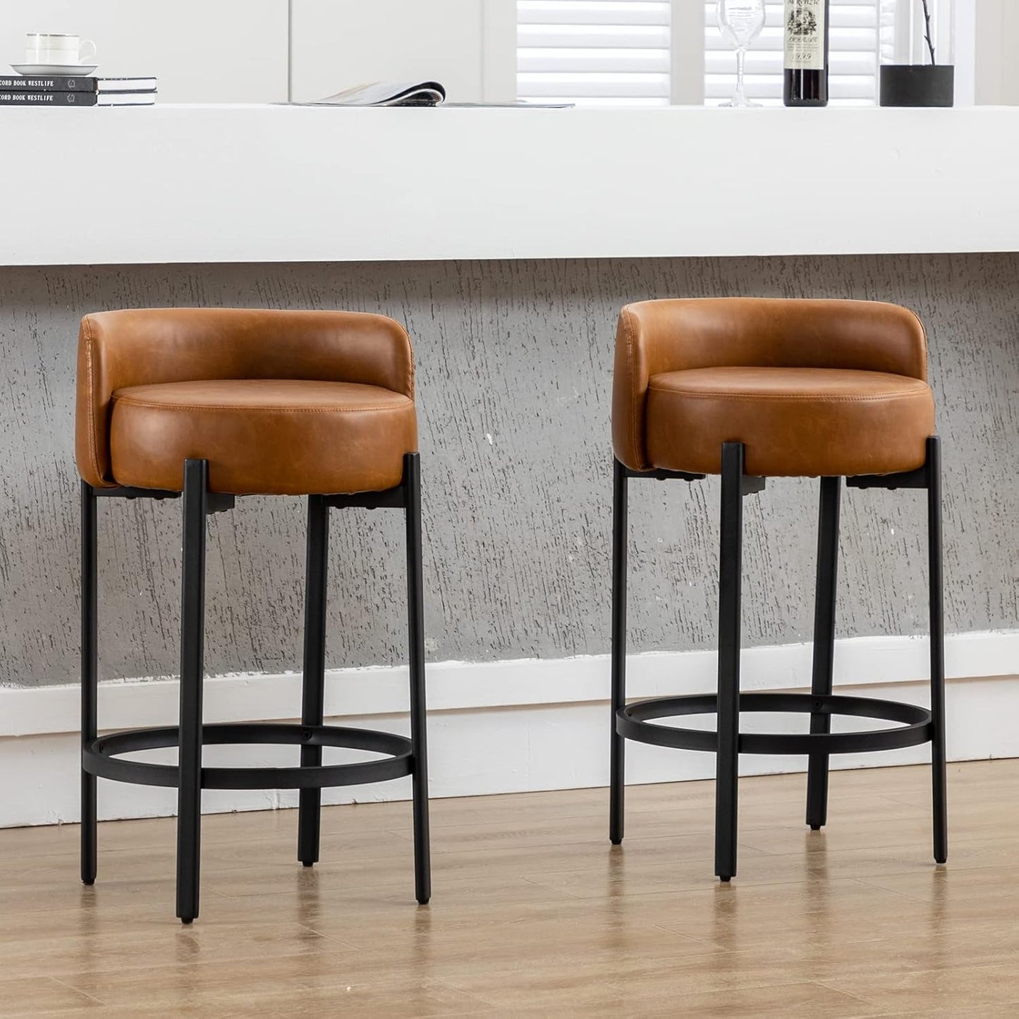Counter Height Bar Stools 26" round Barstools Set of 2, Modern Faux Leather Counter Stools with Black Metal Legs for for Kitchen Island Counter, Small Space, Brown-0