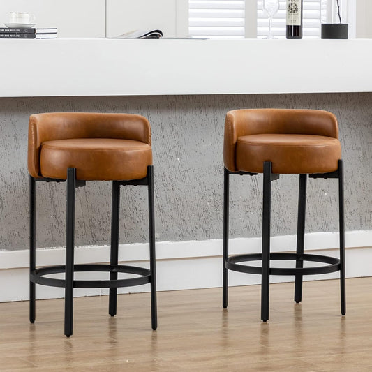 Counter Height Bar Stools 26" round Barstools Set of 2, Modern Faux Leather Counter Stools with Black Metal Legs for for Kitchen Island Counter, Small Space, Brown-0