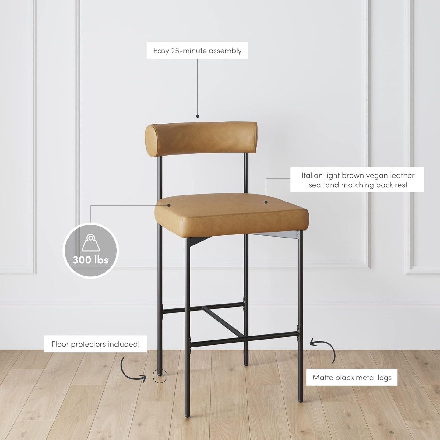 Dahlia Counter Height Chair, Modern Barstool with Back, Mid-Century Metal Legs and Leather Padded Cushion for Kitchen, Island and Bars, Brown/Black-3