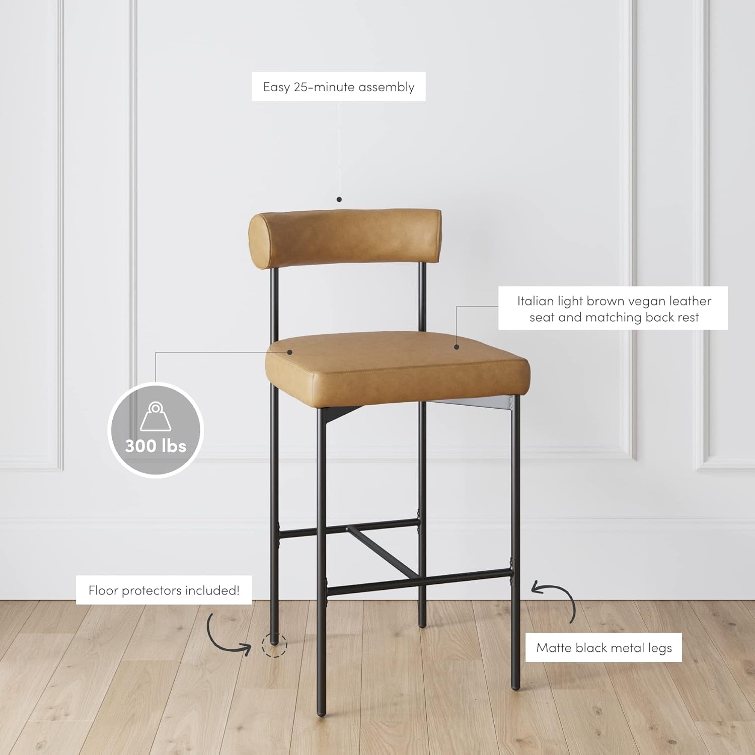 Dahlia Counter Height Chair, Modern Barstool with Back, Mid-Century Metal Legs and Leather Padded Cushion for Kitchen, Island and Bars, Brown/Black-3