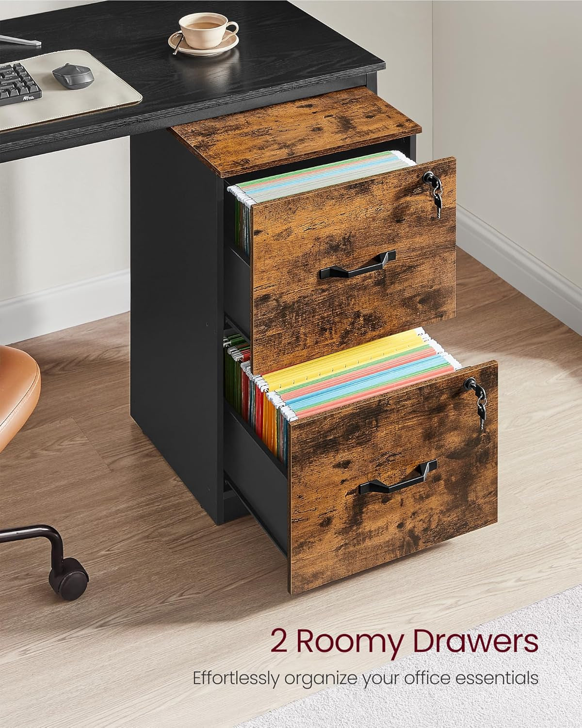 2 Drawer File Cabinet, File Cabinet with Lock, Printer Stand, Office Filing Cabinet Organizer, for A4 and Letter Size Files, Rustic Brown and Black UOFC061B01-3