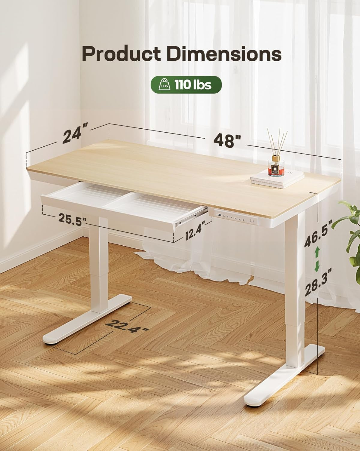 Electric Solid Standing Desk, 48 X 24 Inch Standing Desk with Drawer, Height Adjustable Desk with Tabletop & USB Charging Ports, Sit Stand Desk with Storage for Home & Office Natural-2