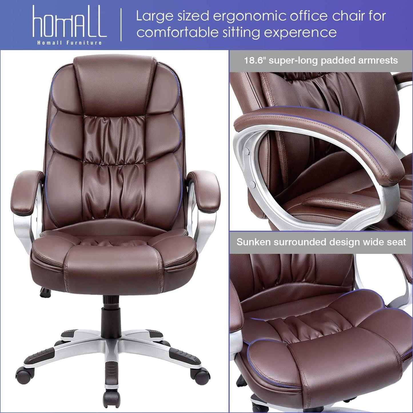 Office Chair High Back Computer Chair Ergonomic Desk Chair, PU Leather Adjustable Height Modern Executive Swivel Task Chair with Padded Armrests and Lumbar Support (Brown)-4