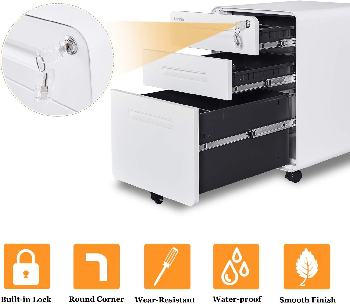 23.8" H 3 Drawer Rolling File Cabinet with Lock, Mobile File Cabinet under Desk with Pencil Tray, White Locking File Cabinet for Home Office, Metal Filing Cabinet Printer Stand Fully Assembled-4