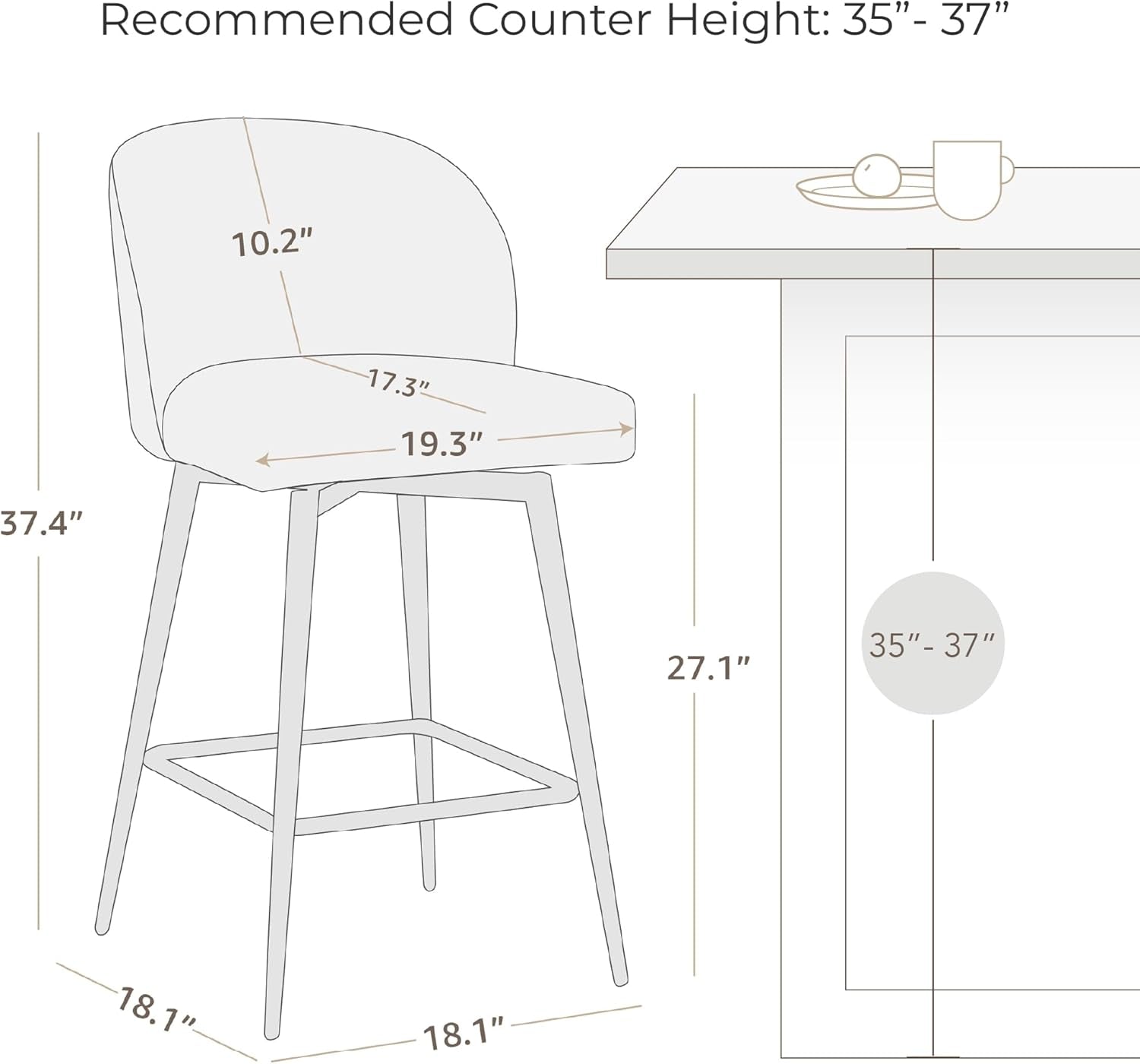 Counter Height Bar Stools Set of 3, 360° Swivel Upholstered Barstools with Backs and Metal Legs, 26" H Seat Height, Faux Leather in Grey-1