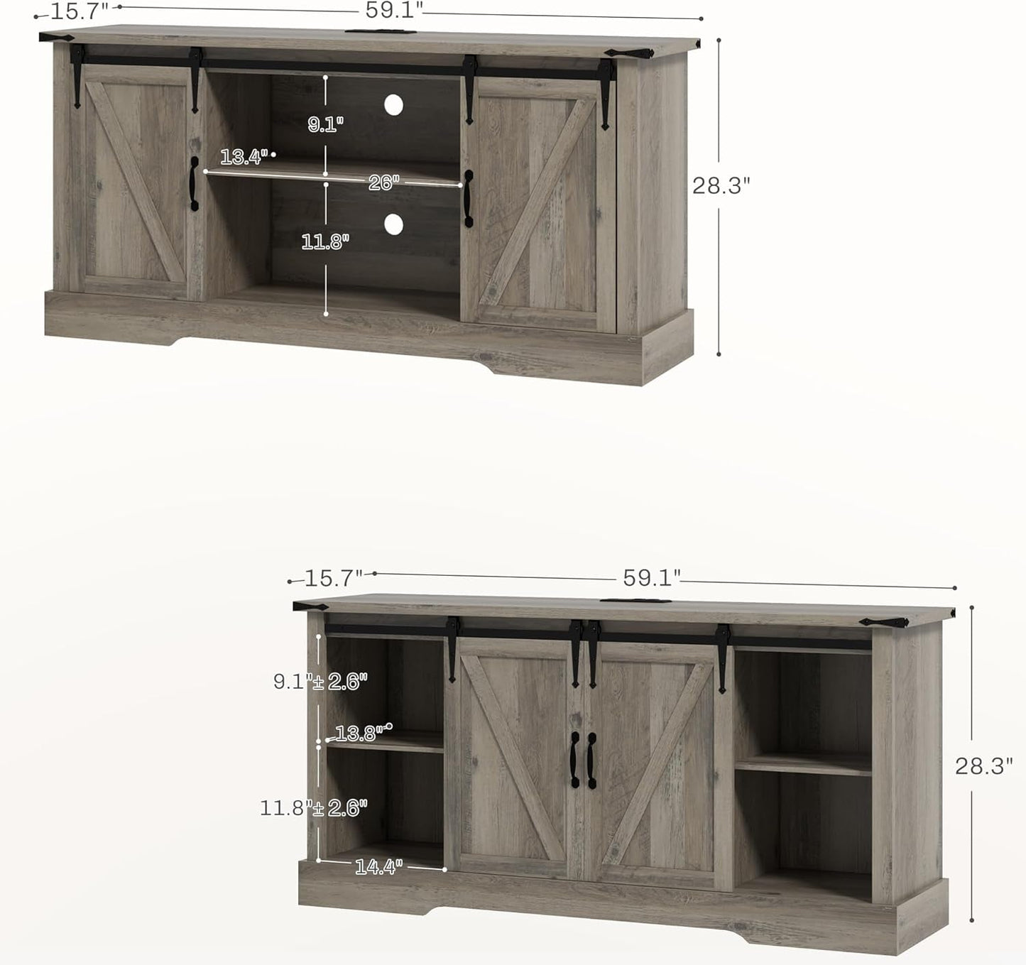 TV Stand Cabinet for Tvs up to 65 Inch, Entertainment Center with Charging Station, 59" Farmhouse Media TV Console Table with Sliding Barn Doors, Adjustable Shelves, Gray-4