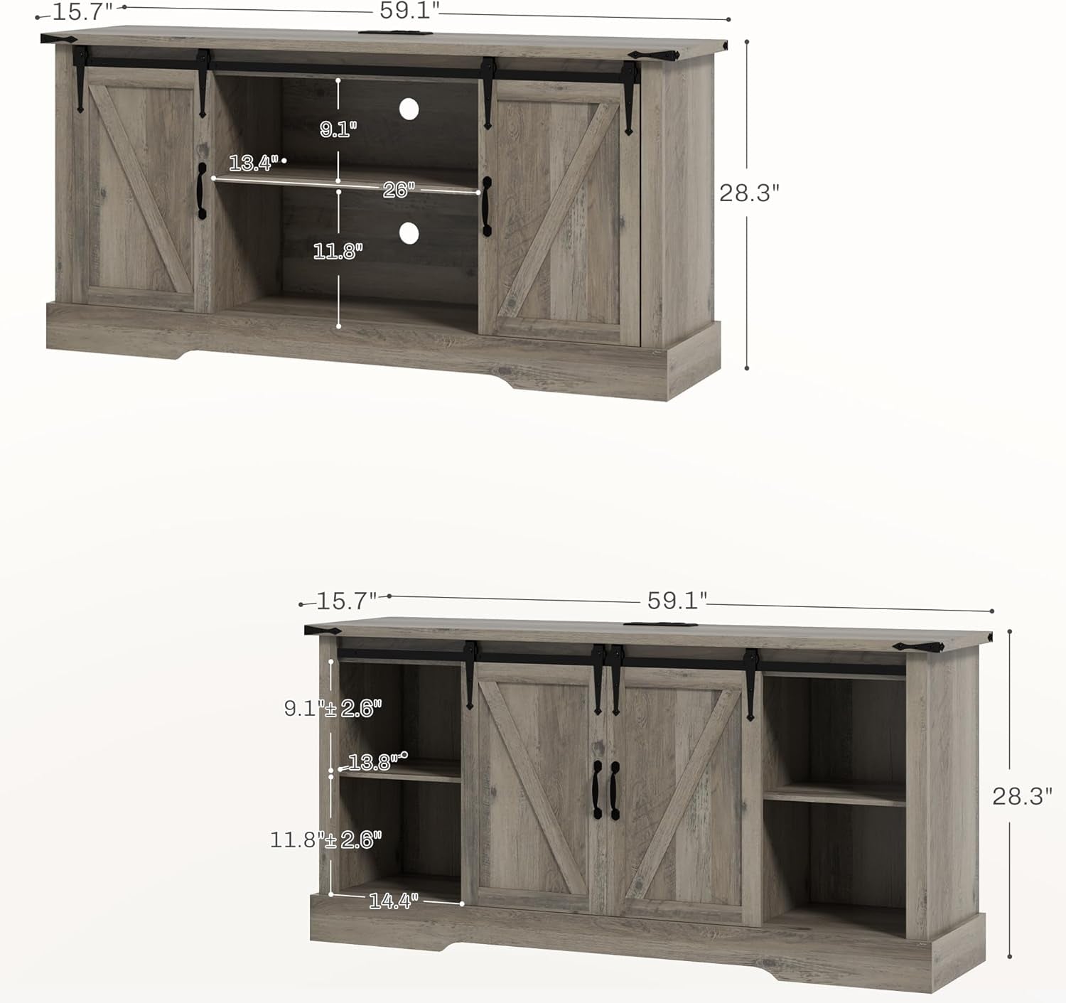 TV Stand Cabinet for Tvs up to 65 Inch, Entertainment Center with Charging Station, 59" Farmhouse Media TV Console Table with Sliding Barn Doors, Adjustable Shelves, Gray-4