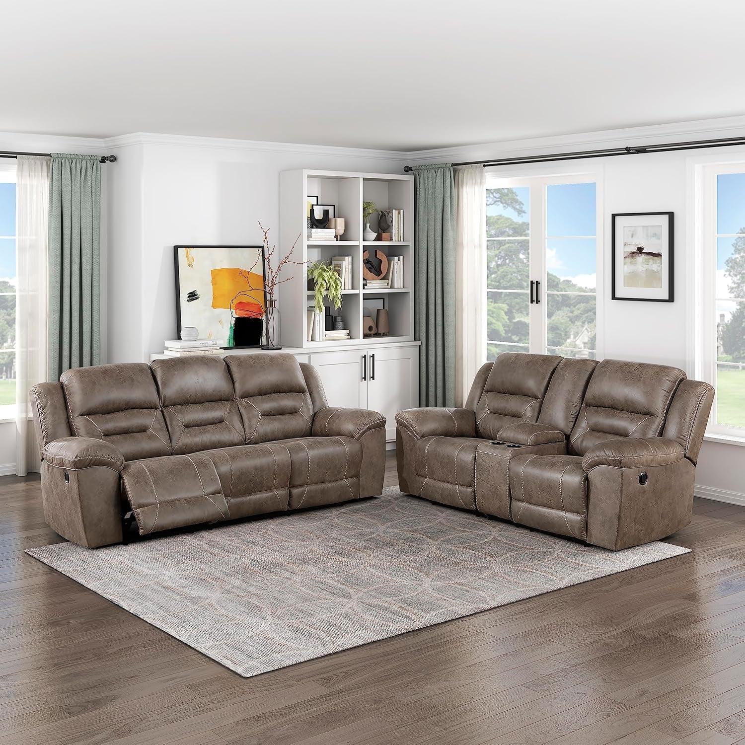 Reclining Living Room Set, Wall Hugger Manual Reclining Sofas, Couches for Living Room, Home Theater Seating, Includes Dual Reclining Sofa and Loveseat, 2-Piece Set, Brown-0