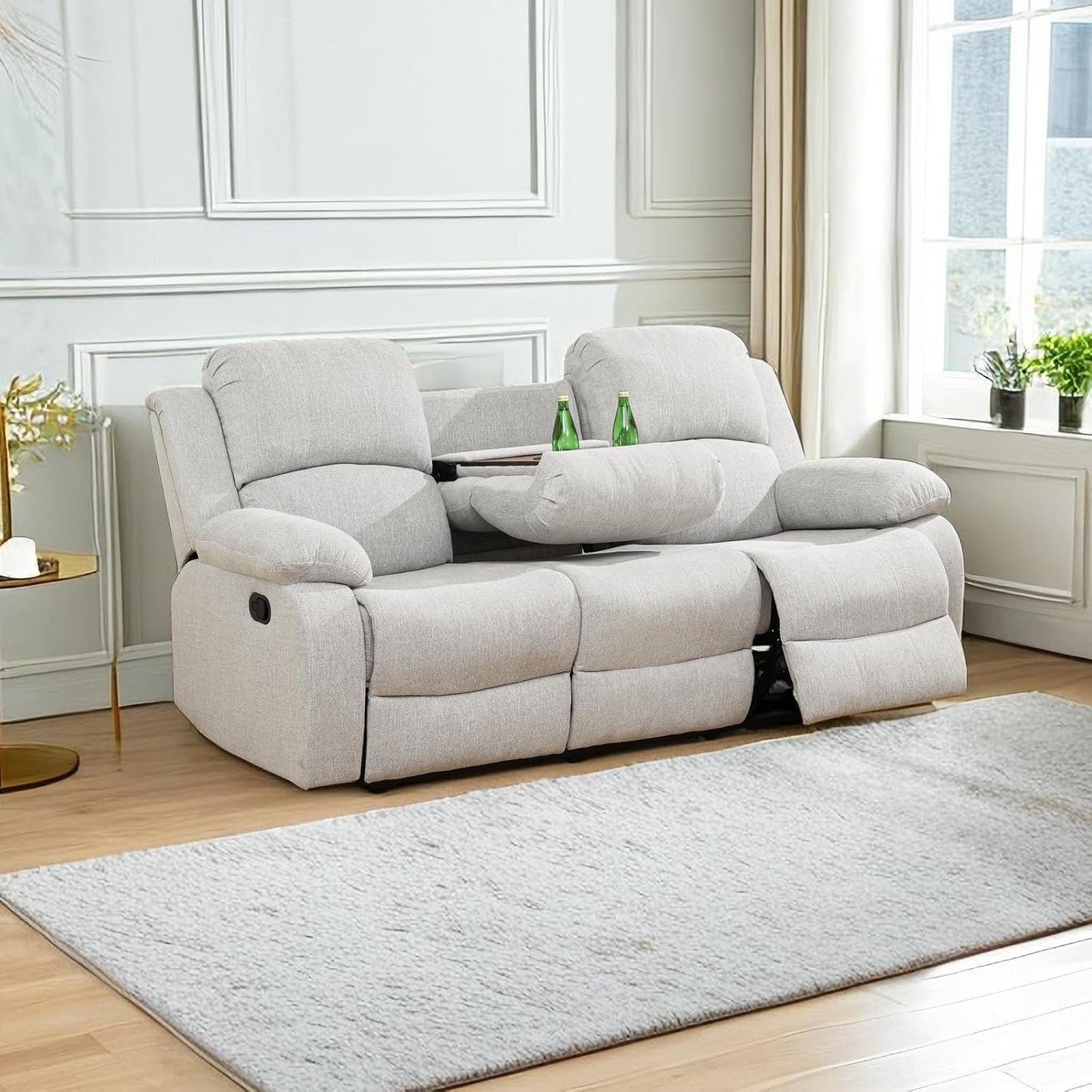 Grey White Microfiber Leather Recliner Sofa Set-0