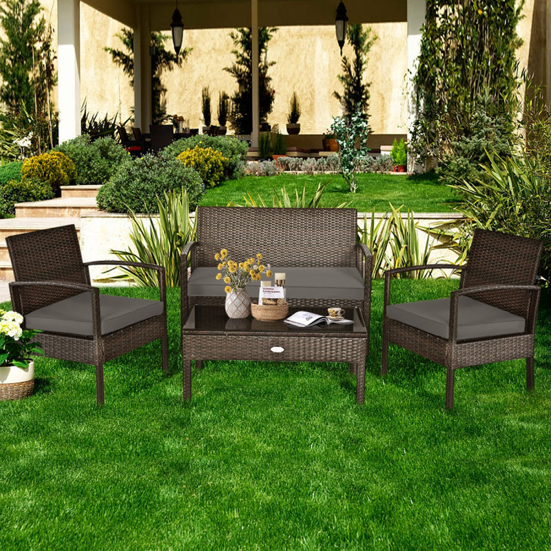 4 Pieces Patio Rattan Cushioned Furniture Set with Loveseat and Table-0