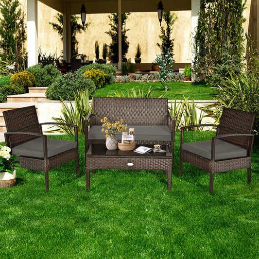 4 Pieces Patio Rattan Cushioned Furniture Set with Loveseat and Table-0