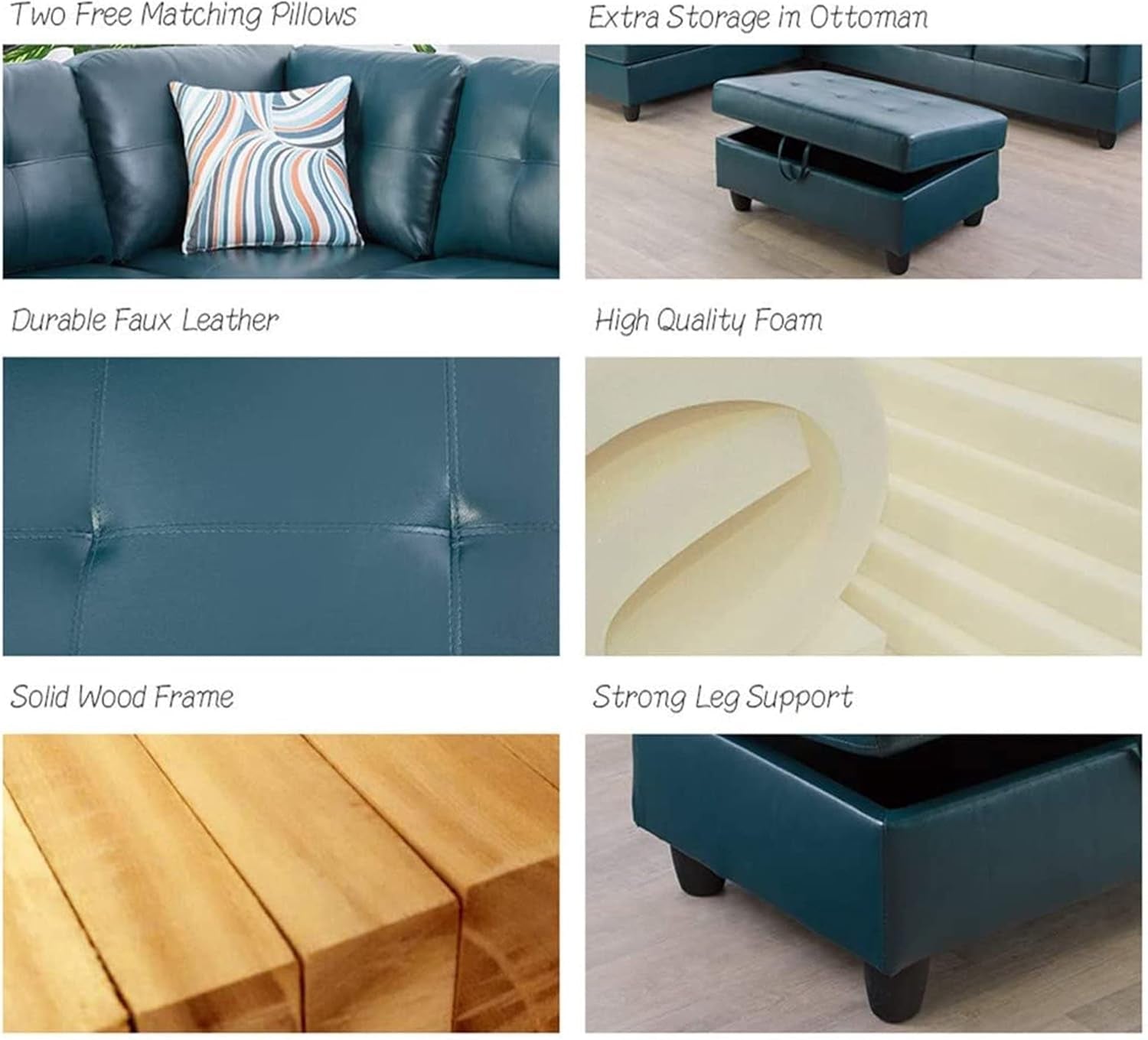 Sectional Sofa Faux Leather Modern L Shaped Couch Set 103.5”Wide Including Chaise and 3 Seating Sofa with Storage Ottoman for Living Room Furniture (Right Hand Facing, A-Denim)-3