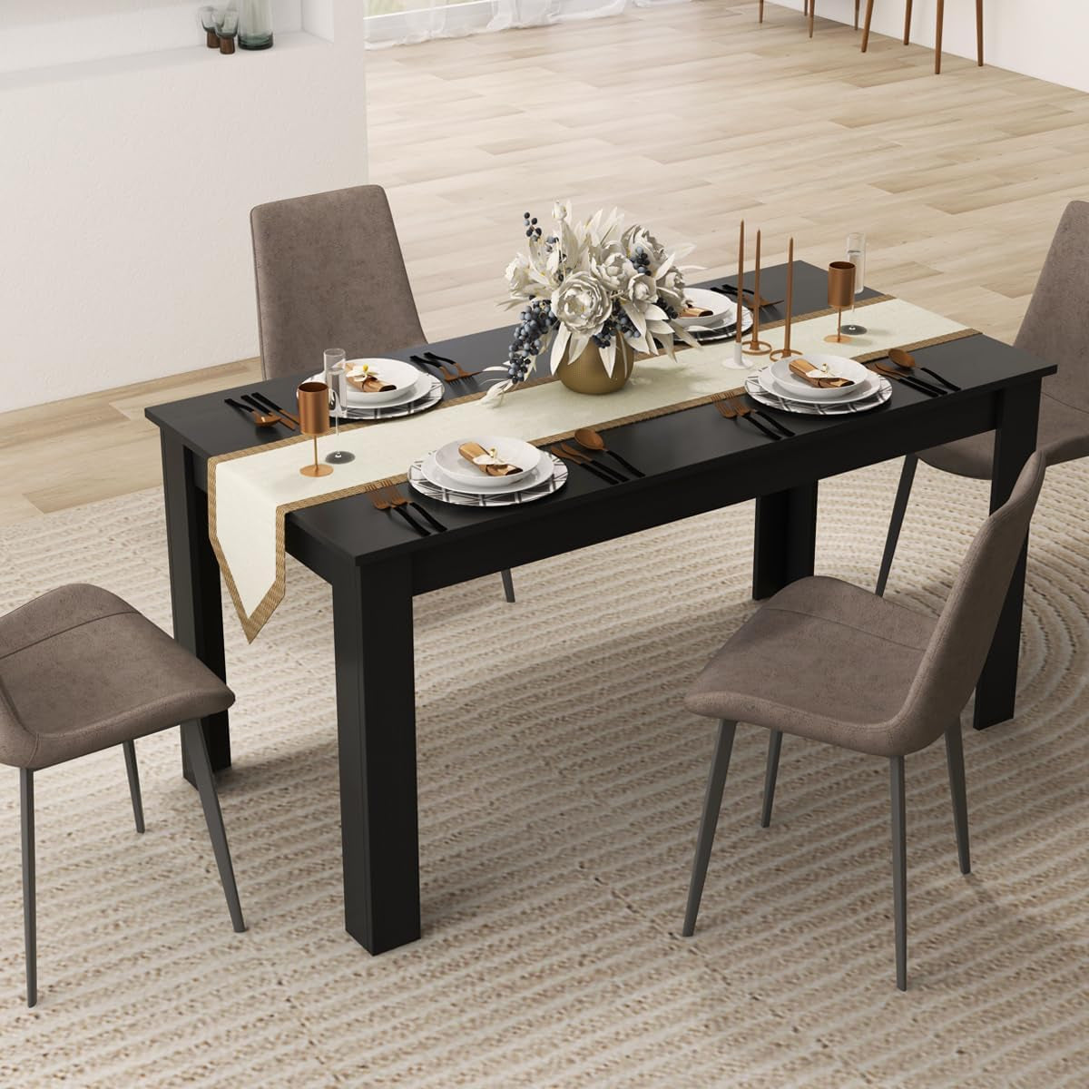 Wood Dining Table for 4-6 People, 63" Wood Rectangle Dinner Table, Modern Kitchen Table with L-Shaped Legs, 330Lbs Weight Capacity, Farmhouse Dinette Table for Dining Room, Living Room, Black-0