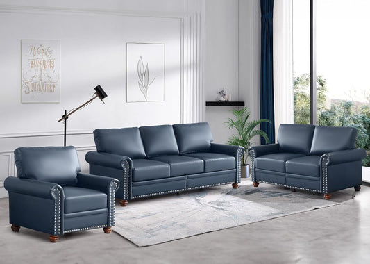 3 Piece Faux Leather Sofa Set,Mid Century Modern Couch and Loveseat Sets with Storage,Comfy Deep Seat Sofa with Nailhead Trim & Rolled Arm for Living Room,Office(Armchair+Loveseat+3 Seater,Navy Blue)-0