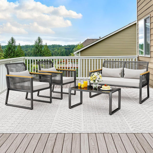 4-Piece Outdoor Wicker Patio Conversation Furniture Set, All-Weather Wicker Bistro Rattan Loveseat Set with Wooden Armrests, Metal Side Table and Cushions for Backyard, Balcony, Deck, Black-1