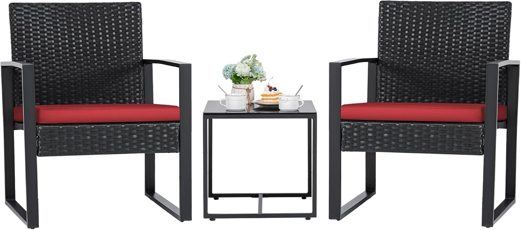 3 Pieces Wicker Patio Furniture Outdoor Modern Rattan Chair Conversation Sets with Coffee Table for Yard and Bistro (Red)-0