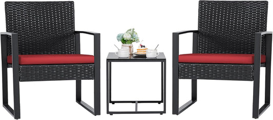 3 Pieces Wicker Patio Furniture Outdoor Modern Rattan Chair Conversation Sets with Coffee Table for Yard and Bistro (Red)-0