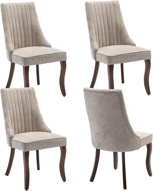 Velvet Dining Chairs Set of 4,Comfy Fabric Upholstered Accent Chairs for Kitchen Living Room,Channel Tufted Dining Room Chairs with Curved Solid Wood Legs(Beige)-0