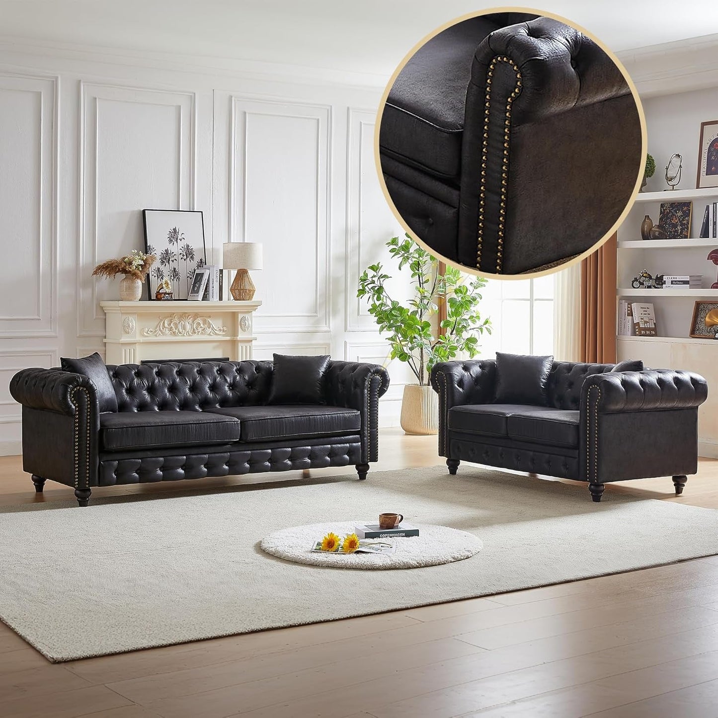 2-Piece Tech Fabric Upholstered Living Room Sofa Set, Including 3-Seater Sofa and Loveseat with Button and Copper Nail on Arms, Four Pillows Included, Black-0