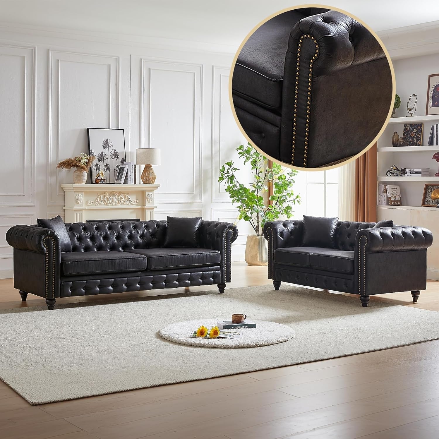 2-Piece Tech Fabric Upholstered Living Room Sofa Set, Including 3-Seater Sofa and Loveseat with Button and Copper Nail on Arms, Four Pillows Included, Black-0