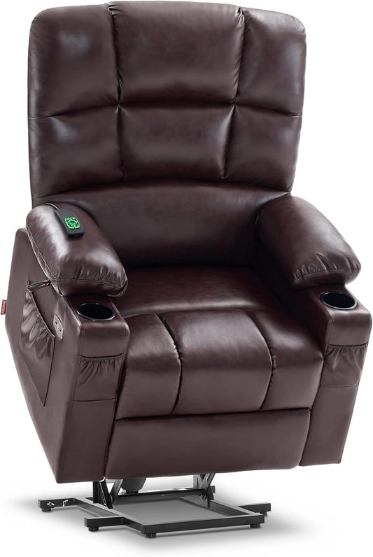 Large Lay Flat Dual Motor Power Lift Recliner Chair Sofa with Massage and Heat for Elderly People, Infinite Position, Faux Leather 7680 (Dark Brown, Large)-0