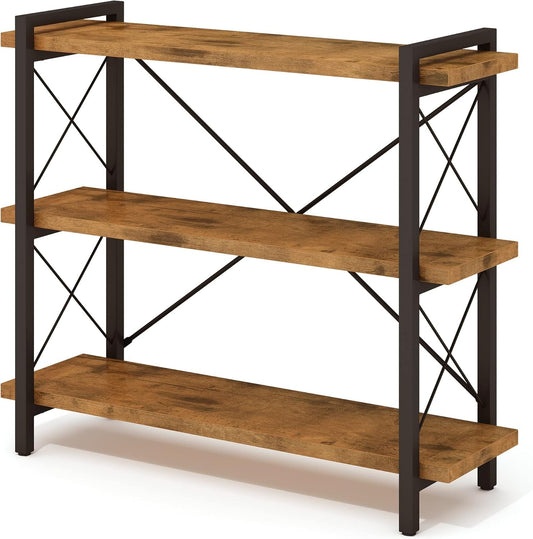 Bookshelf, 3-Tier Industrial Bookcase, Rustic Open Book Shelf, Wood and Metal Horizontal Bookshelves-0