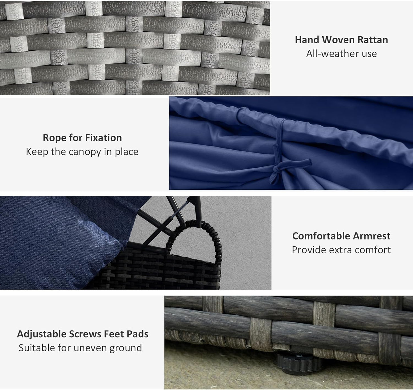 4-Piece round Convertible Daybed with Cushions, Outdoor PE Rattan Patio Wicker Sofa Set, Sunbed with Adjustable Sun Canopy, Sectional Sofa, 2 Chairs, Table, 3 Pillows, Dark Blue-3