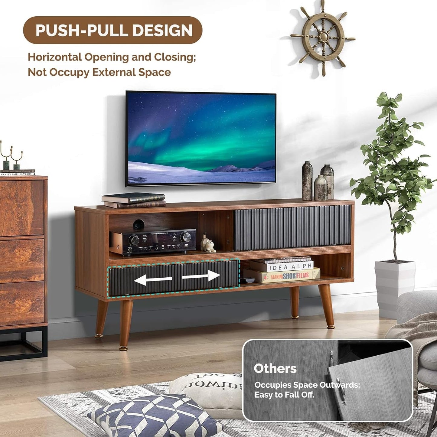 TV Stand for 46 Inch TV Mid Century Entertainment Center with Storage, Sliding Door TV Stand with 4 Shevels, Media Console Table, Low Cabinet for Home, Bedroom, Walnut-1