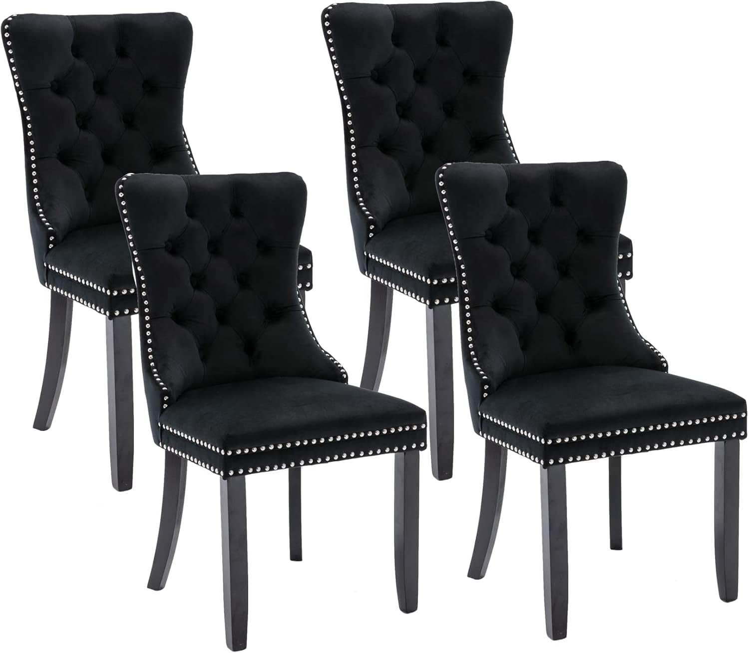 Tufted Dining Chairs Set of 4, Black Dining Chairs with Nailhead Back and Ring Pull Trim, Velvet Upholstered Dining Chairs for Kitchen/Bedroom/Dining Room-0