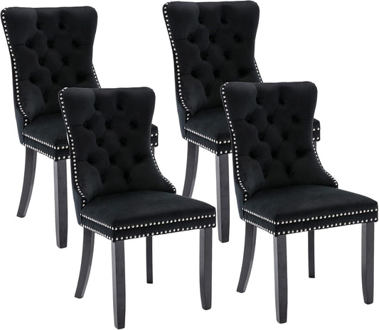 Tufted Dining Chairs Set of 4, Black Dining Chairs with Nailhead Back and Ring Pull Trim, Velvet Upholstered Dining Chairs for Kitchen/Bedroom/Dining Room-0