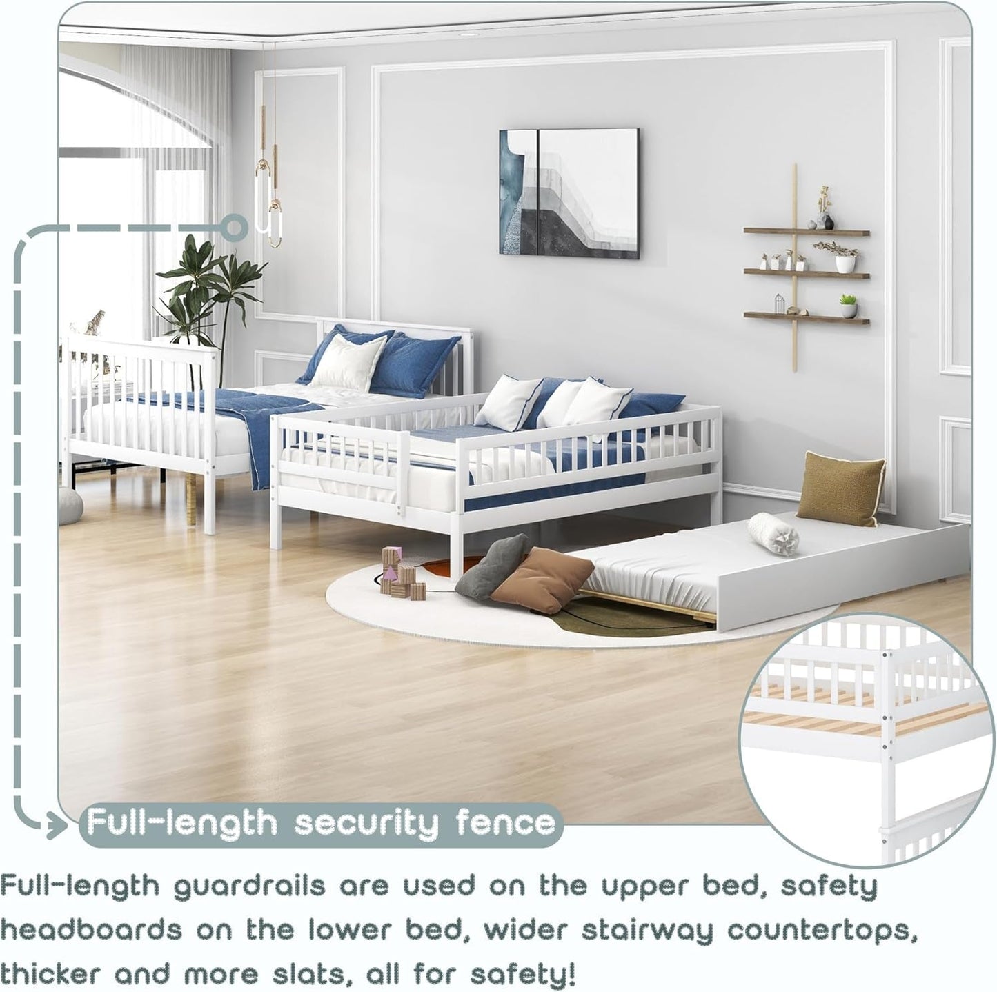 Full over Full Bunk Beds with Trundle and Stairs Stairway Bunk Bed Frame with Storage Shelves for Kids Teens Adult, Detachable Wood Full Bunk Bed for Boys Girls Adults, White-3