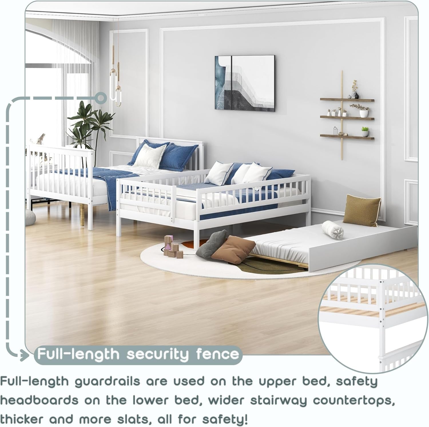 Full over Full Bunk Beds with Trundle and Stairs Stairway Bunk Bed Frame with Storage Shelves for Kids Teens Adult, Detachable Wood Full Bunk Bed for Boys Girls Adults, White-3