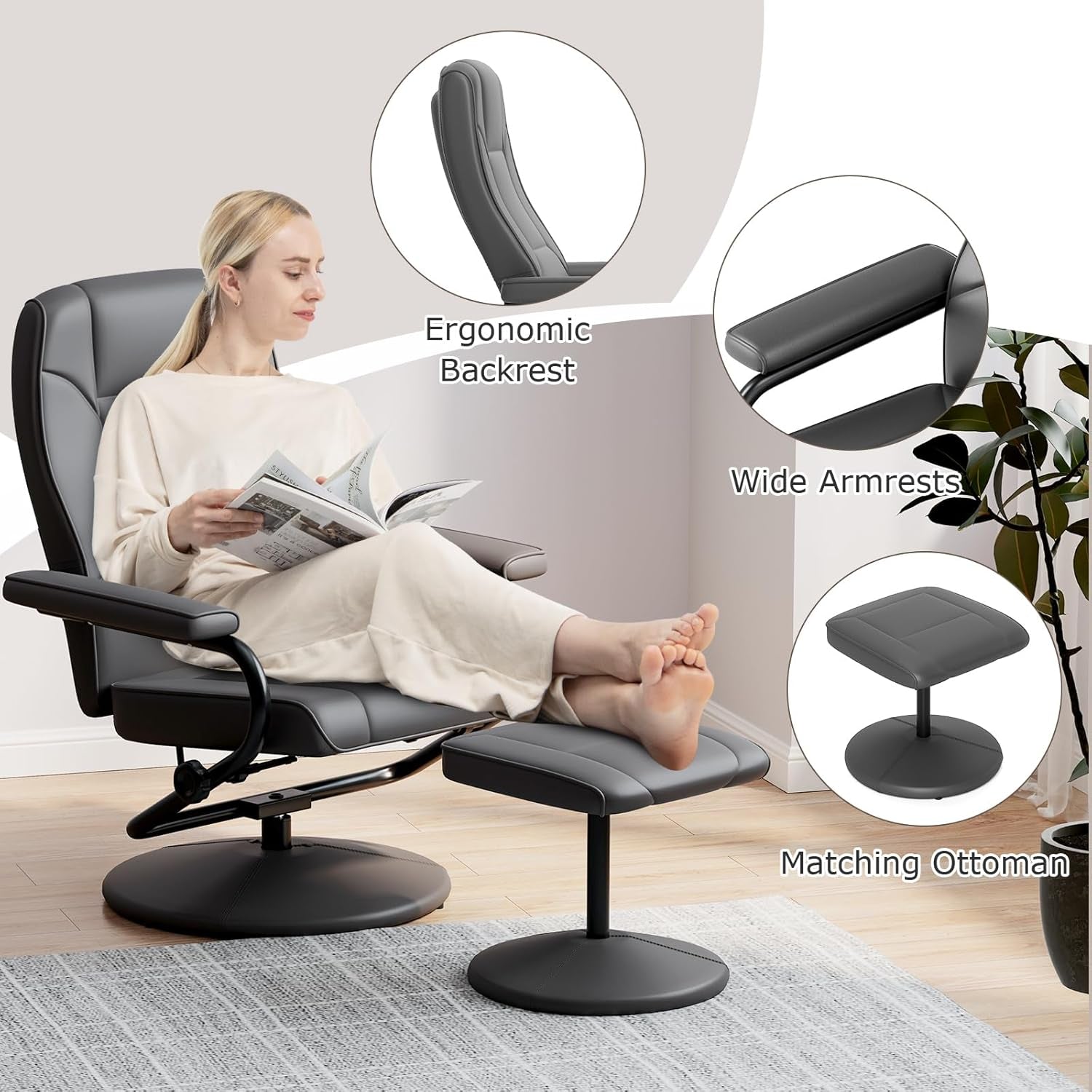 Recliner Chair with Ottoman, 360° Swivel Faux Leather Reclining Chair W/Adjustable Backrest, Footrest, Sturdy Metal Base, Upholstered Armchair for Living Room Bedroom Study, Office, Grey-3