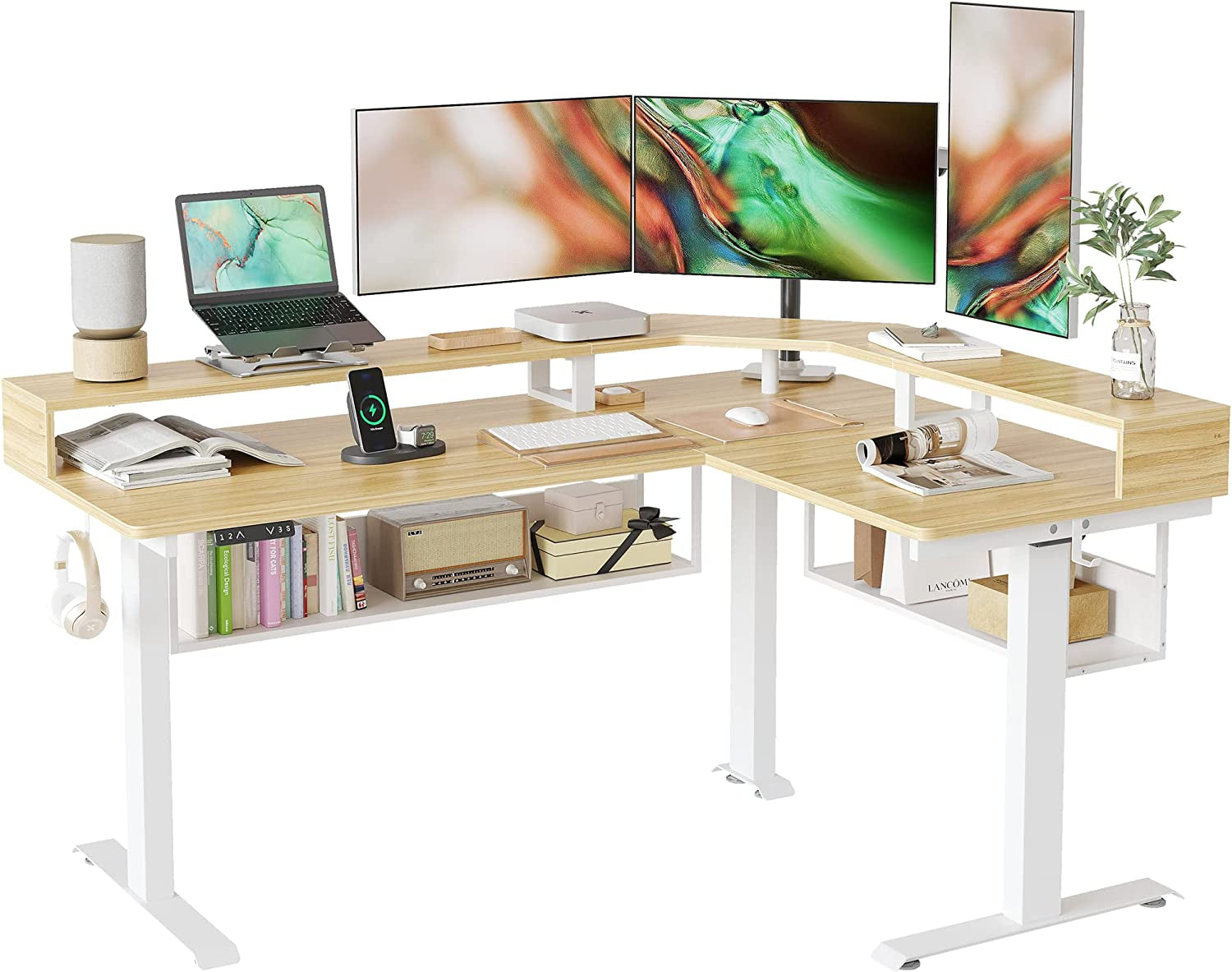 L-Shaped Standing Desk with Shelves, Triple Motors, Oak-0