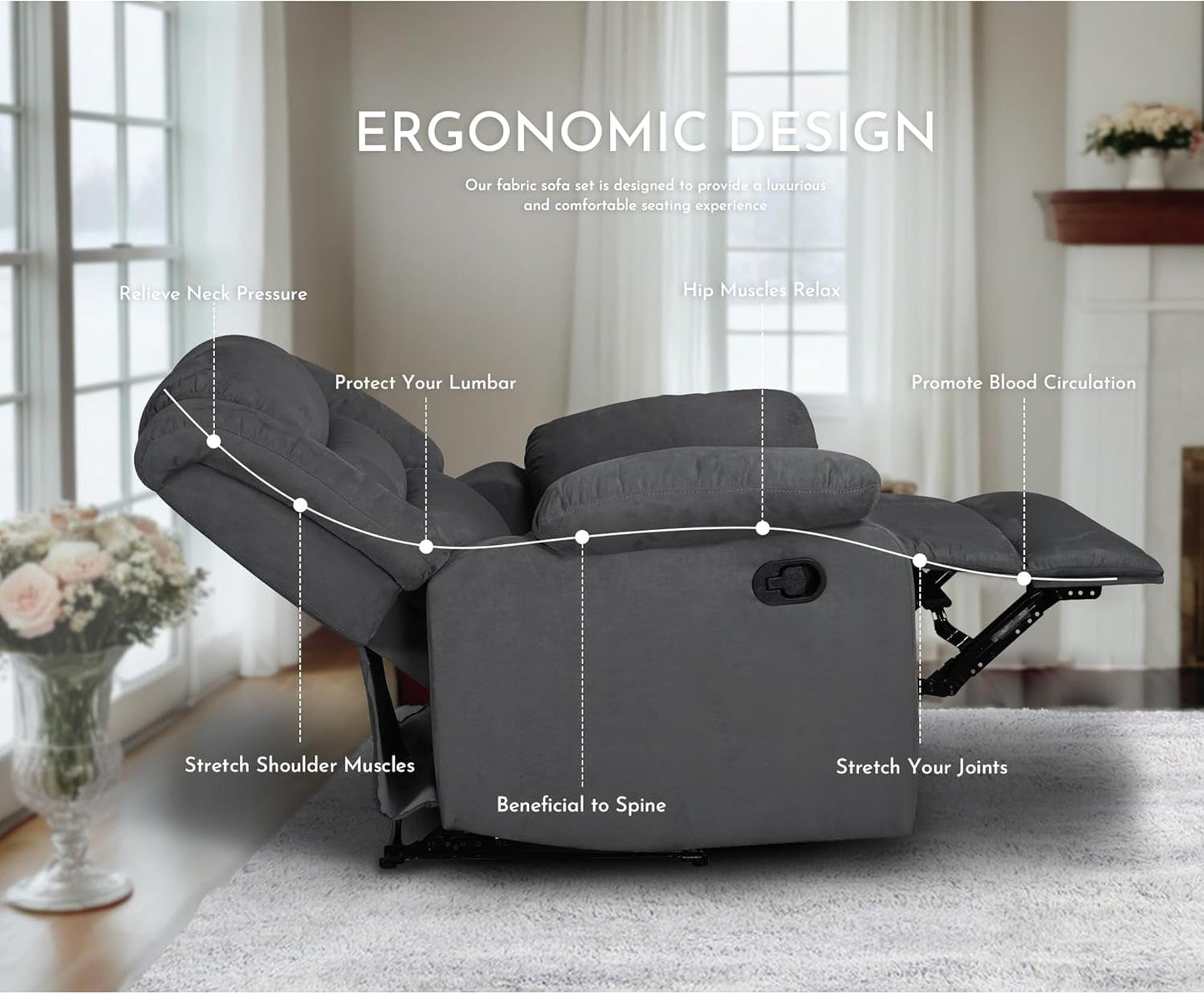 Recliner Sofa Set, Microfiber Manual Reclining Couch Set, 3 Piece Recliner Set with Loveseat, Dropdown Table& Cup Holders, Living Room/Office/Theater Seating (Gray)-3