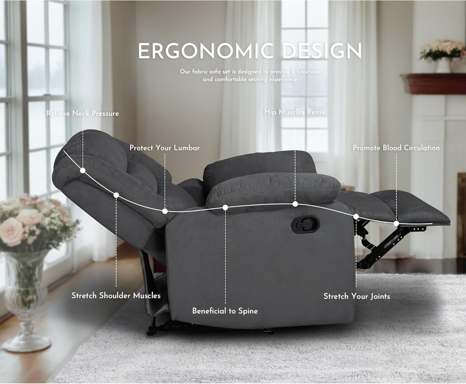 Recliner Sofa Set, Microfiber Manual Reclining Couch Set, 3 Piece Recliner Set with Loveseat, Dropdown Table& Cup Holders, Living Room/Office/Theater Seating (Gray)-3