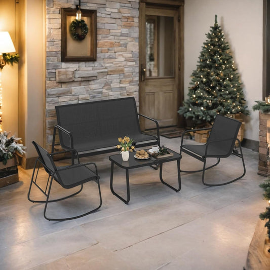 4-Piece Patio Furniture Set, Textilene Conversation Set with 2 Rocking Chairs and Tempered Glass Coffee Table, Perfect for Indoor Patio Lawn Garden Poolside, Black-1