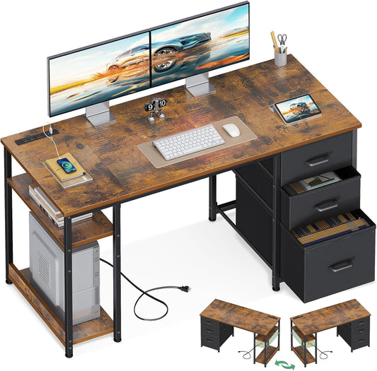 51 Inch Computer Desk with Fabric Drawers & USB Power Outlets, Reversible Home Office Desk with Storage Shelves, Work from Home, Modern Work/Writing/Study Table for Bedroom, Vintage-0