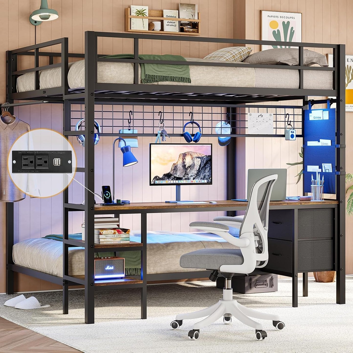 Full over Twin Bunk Bed with Desk and Charging Station Metal Full Size over Twin Loft Bed with Led Lights & Storage Shelves and Drawers for Teen,Safety Guard & Stairs,No Box Spring Needed,Black-0