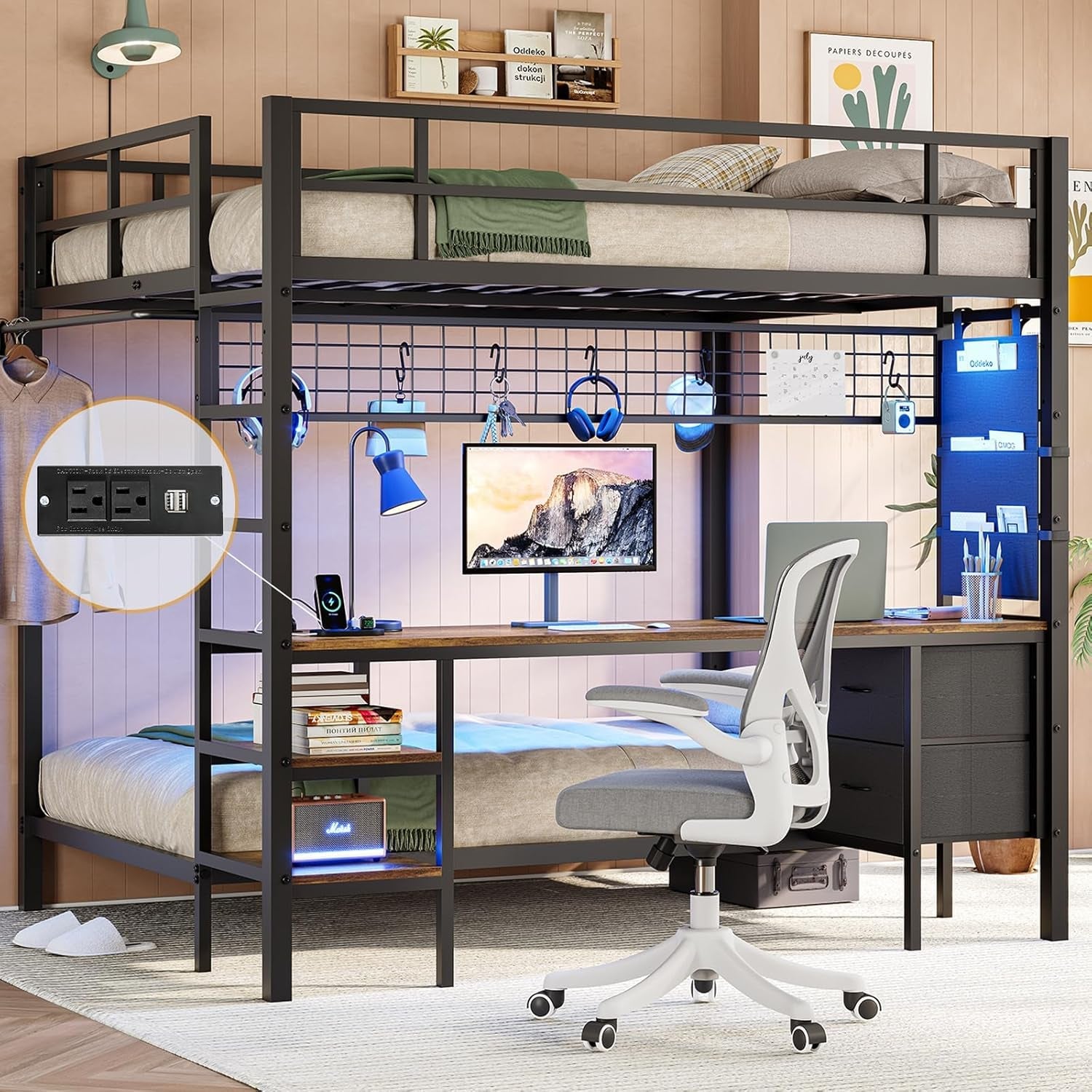 Full over Twin Bunk Bed with Desk and Charging Station Metal Full Size over Twin Loft Bed with Led Lights & Storage Shelves and Drawers for Teen,Safety Guard & Stairs,No Box Spring Needed,Black-0
