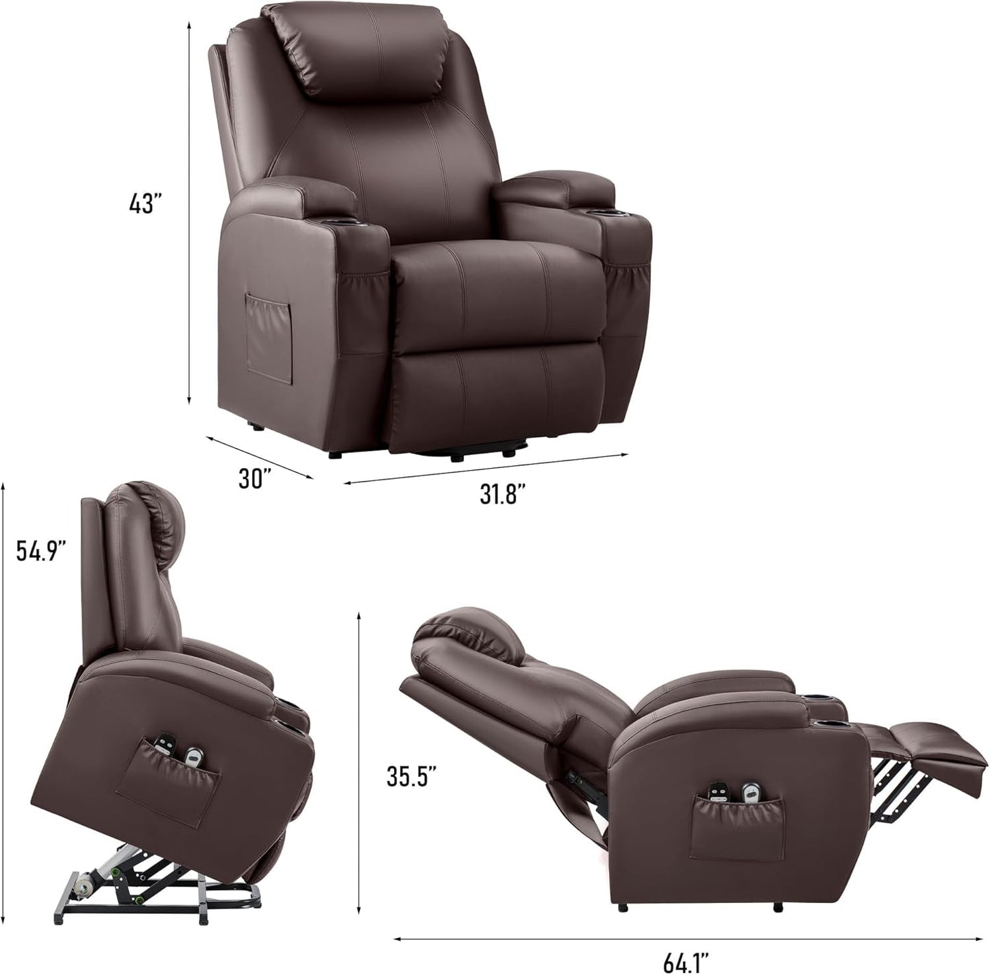 Power Lift Recliner Chair with Massage for Elderly PU Leather Modern Reclining Sofa Chair with Cup Holders, Remote Control, Adjustable Furniture (Brown)-2