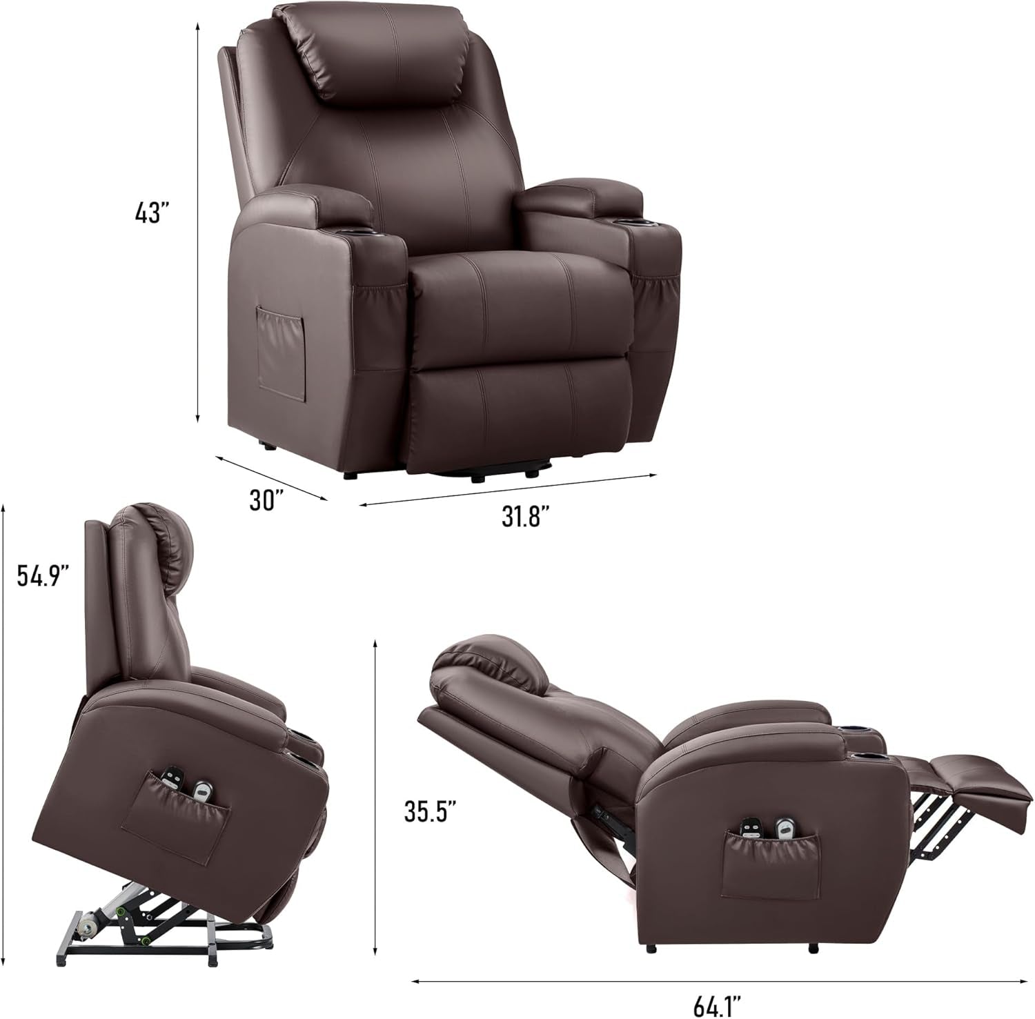 Power Lift Recliner Chair with Massage for Elderly PU Leather Modern Reclining Sofa Chair with Cup Holders, Remote Control, Adjustable Furniture (Brown)-2