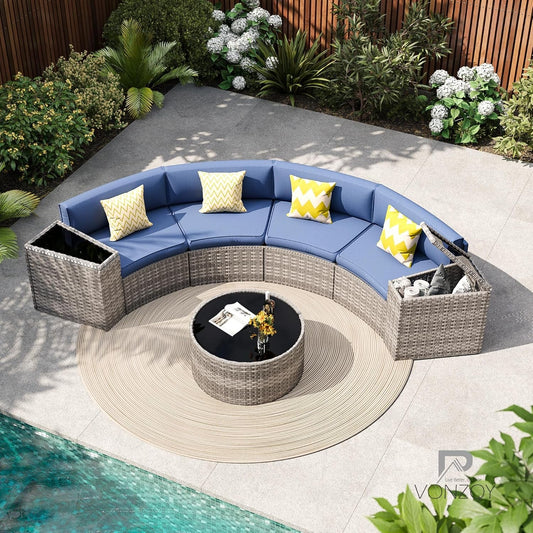 Patio Sectional Furniture Outdoor 7-Piece Grey Rattan Curved Sofa Set with Storage Table,Pillows,Fit for Pool Backyard Balcony Porch Lawn(Navy)-0