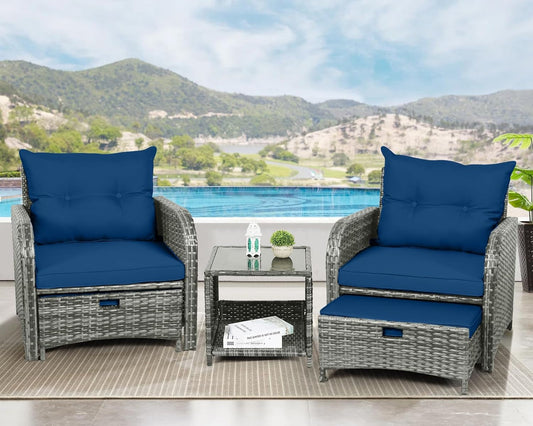 5 Pieces Wicker Outdoor Patio Chairs Set with Ottoman, All Weather PE Rattan Patio Conversation Furniture Set Outdoor Furniture Set with Hidden Ottoman for Poolside Garden Balcony, Blue-1