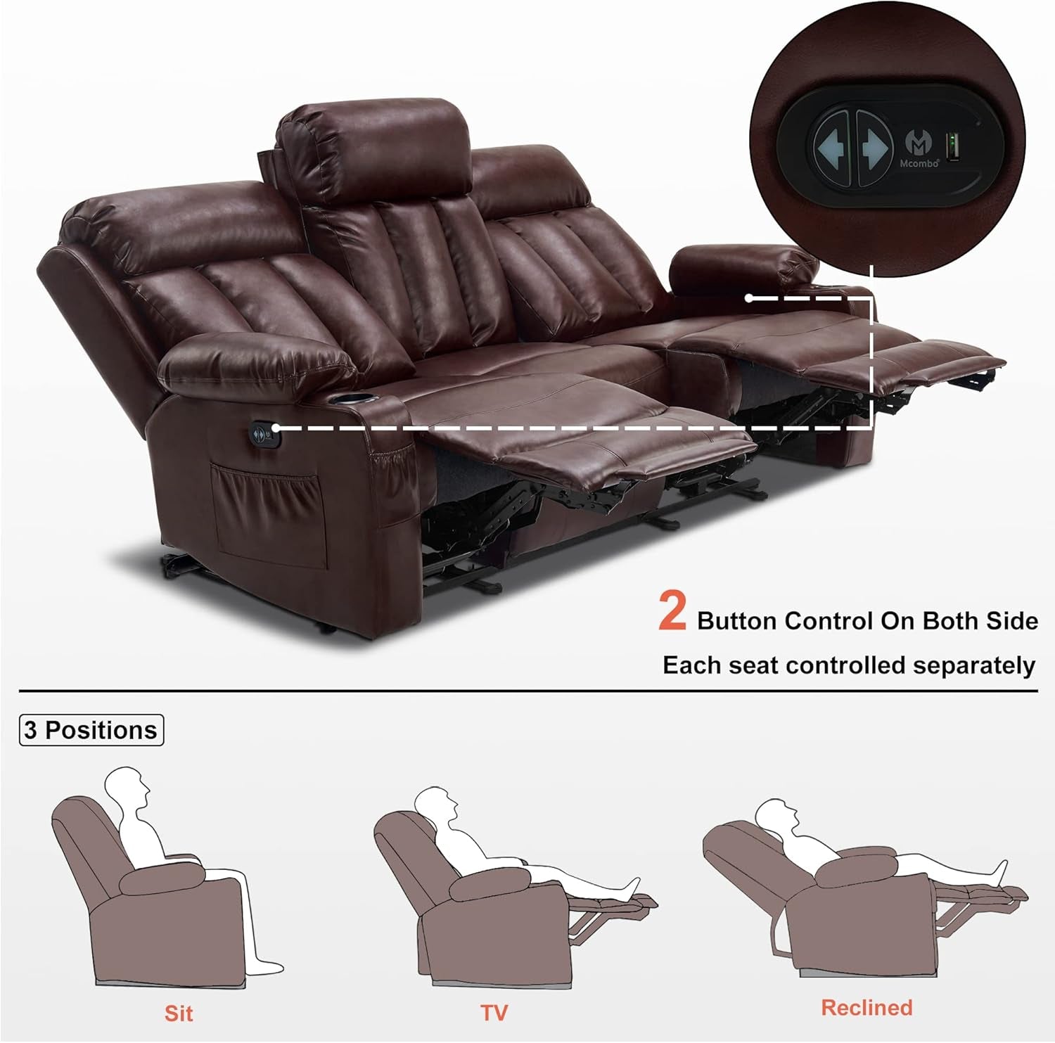 Power Reclining Sofa with Heat and Vibration,Usb Ports, Cup Holders,3-Seat Dual Recliner Sofa for Living Room 6077(Dark Brown, Reclining Sofa)-3