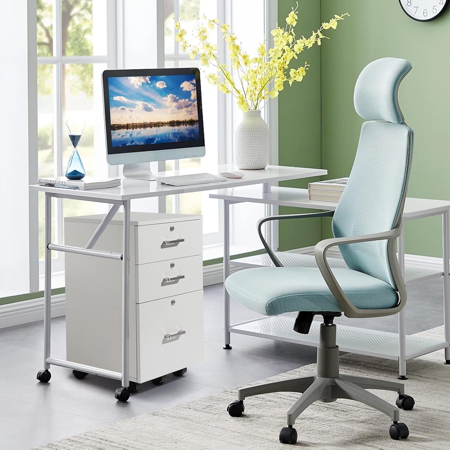 White Mobile File Cabinet, 3 Drawers, Lock-0