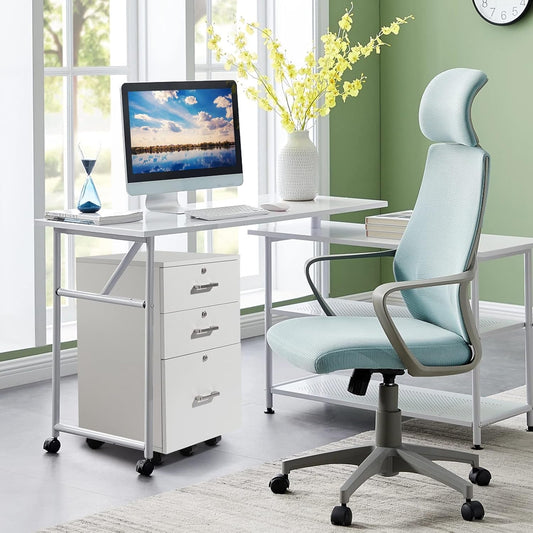 White Mobile File Cabinet, 3 Drawers, Lock-0