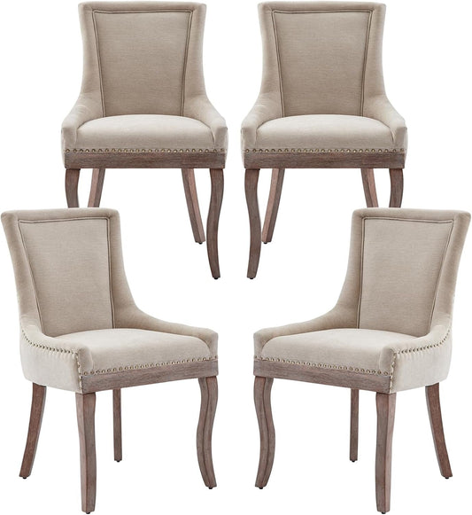 Modern Dining Chairs Set of 4, High Back Dining Chairs Side Chairs with Solid Wood Legs, Upholstered Fabric Dining Room Chairs for Dining Room Kitchen, Beige-0