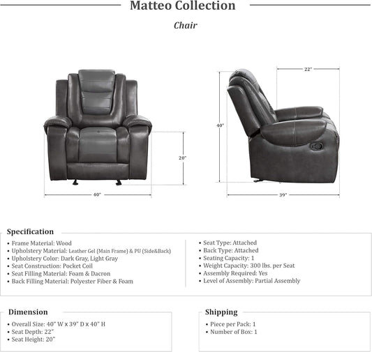 Reclining Living Room Set, Manual Reclining Sofas, Couches for Living Room, Includes Reclining Sofa, Double Gliding Loveseat and Glider Recliner, 3-Piece Set, Two-Tone Grey-1